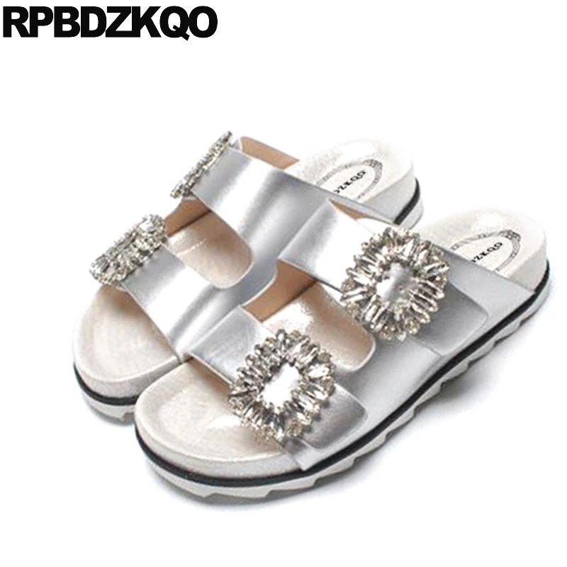 Sandals Slipper Jewel Diamond Rhinestone Slides Famous Brand Flat Crystal Burgundy Satin Designer Shoes Women Luxury 2021 Silver | Обувь
