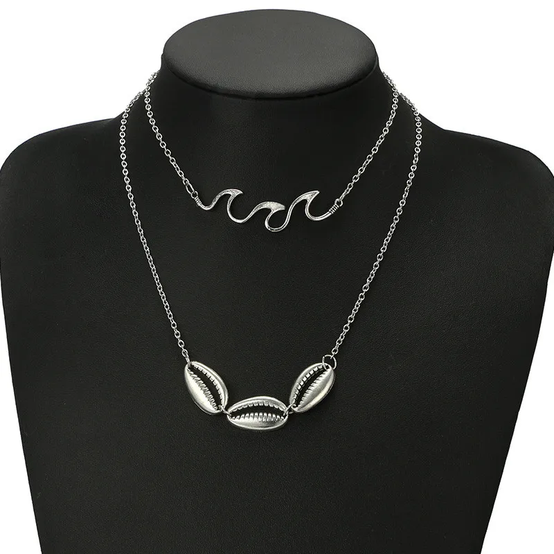 

Fashion Double Layer Seashell Conch Wave Pendant Necklace Cute Silver Color Choker Necklace Collar Jewelry