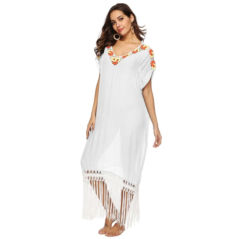 

2019 Summer Women crochet Beach Wear Cover-ups Cotton tassel Tunic Bikini Swimsuit Cover Up Beach Dress Sarong plage pareo