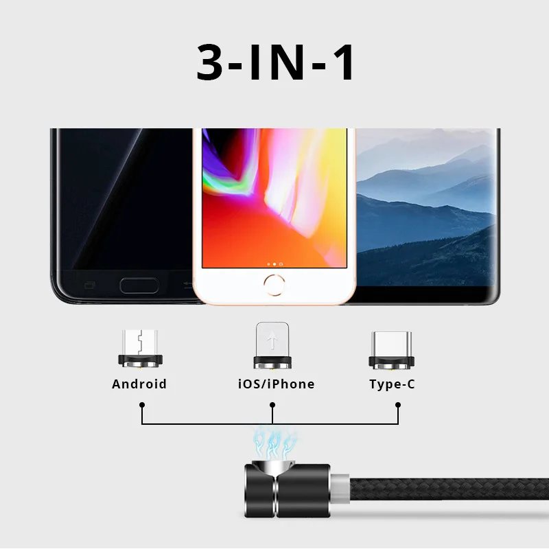 L форма вращение на 360 градусов LED Light Type-C Android iOS 3 в 1 Магнитный USB кабель для iPhone