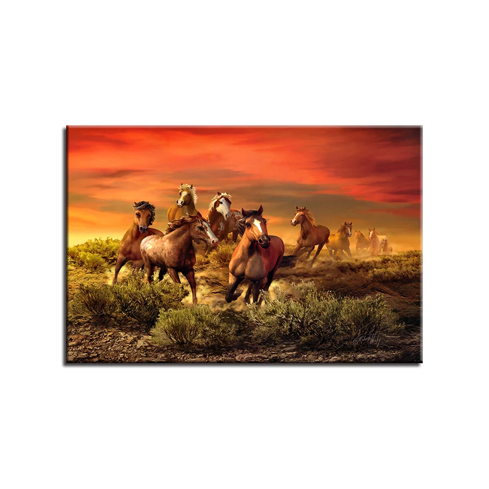 Холст картины Wall Art Home Decor HD печатает рамки 1 Piece/Pcs закат бег лошадей для гостиной