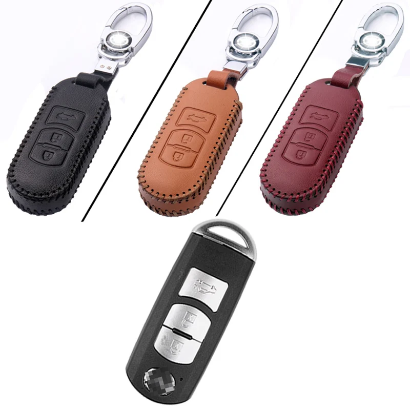 

Genuine PU Leather 3 Button Remote Key Bag Case Fob Holder Chain For Mazda Series A Type