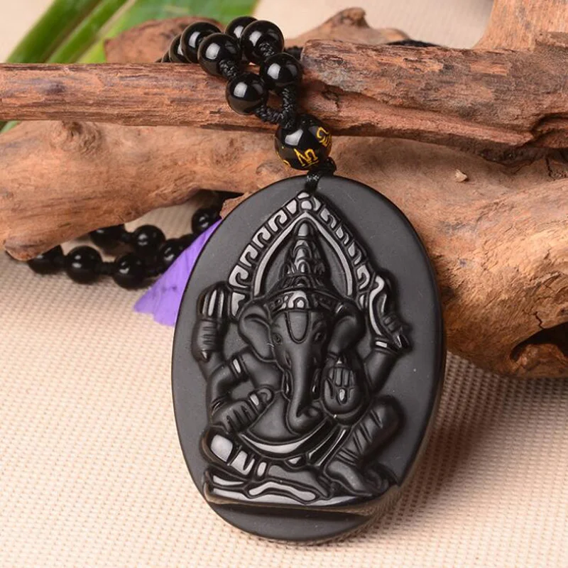 Drop Shipping Hand Carved Obsidian Pendant Black A Lucky Amulet Elephant God Necklace For Men Women With Chain Gift | Украшения и