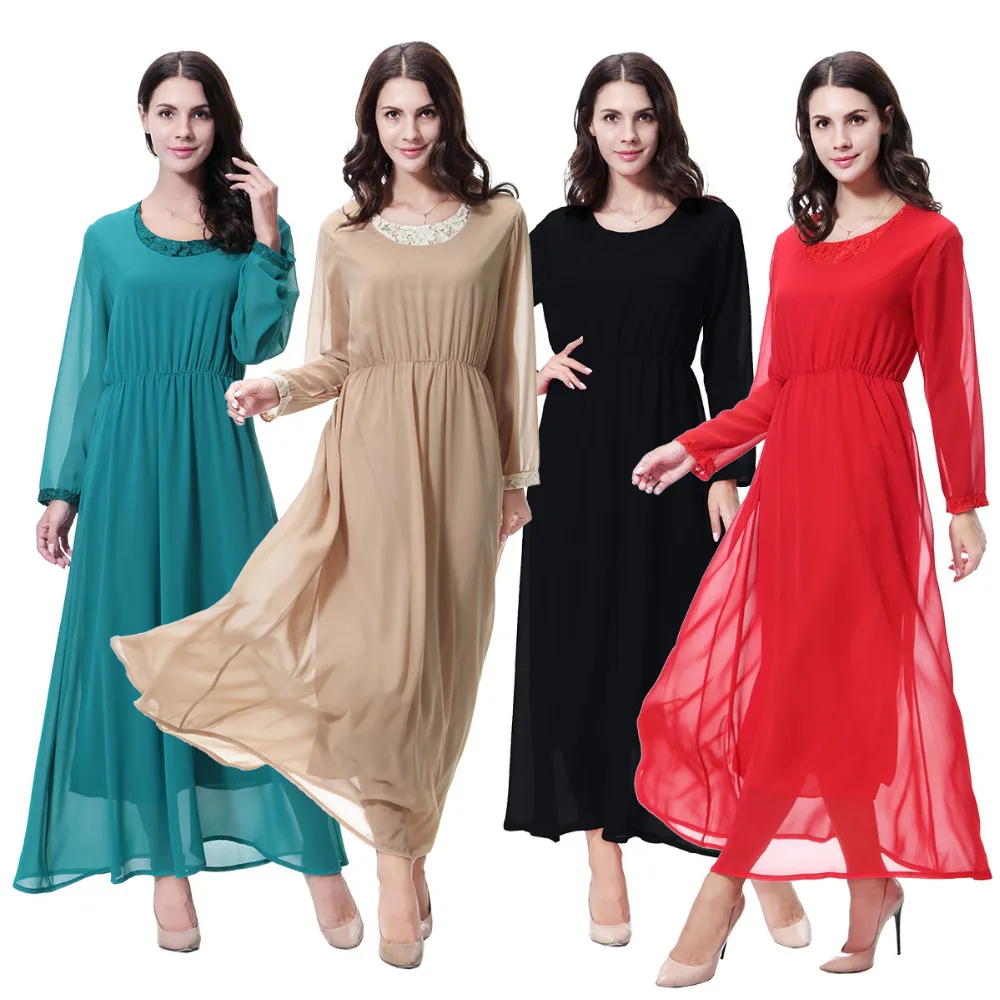 

mid waist Double layer Chiffon Long sleeve Round neck muslim long dres Elastic waist Lace neckline and cuffs muslim dress TH923