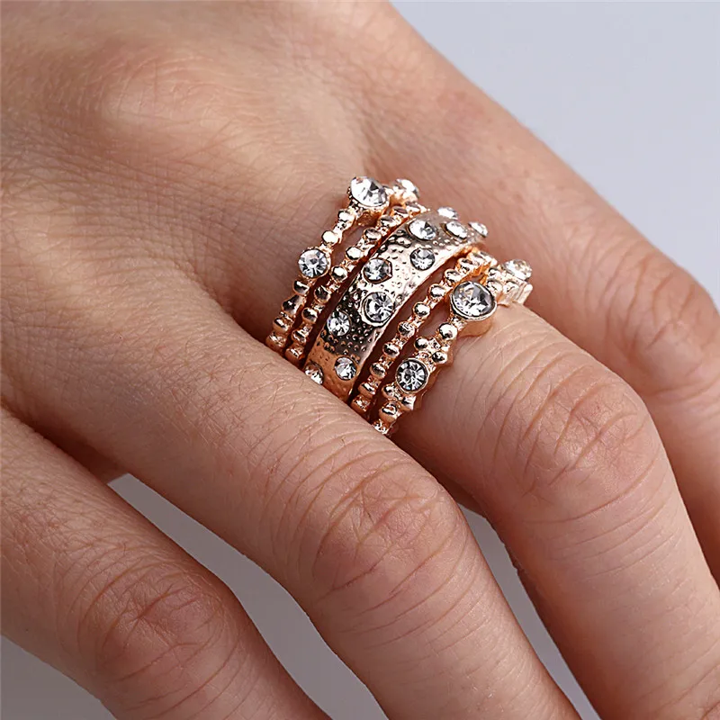 Набор из 5 сверкающих колец с кристаллами розового золота|Кольца| |