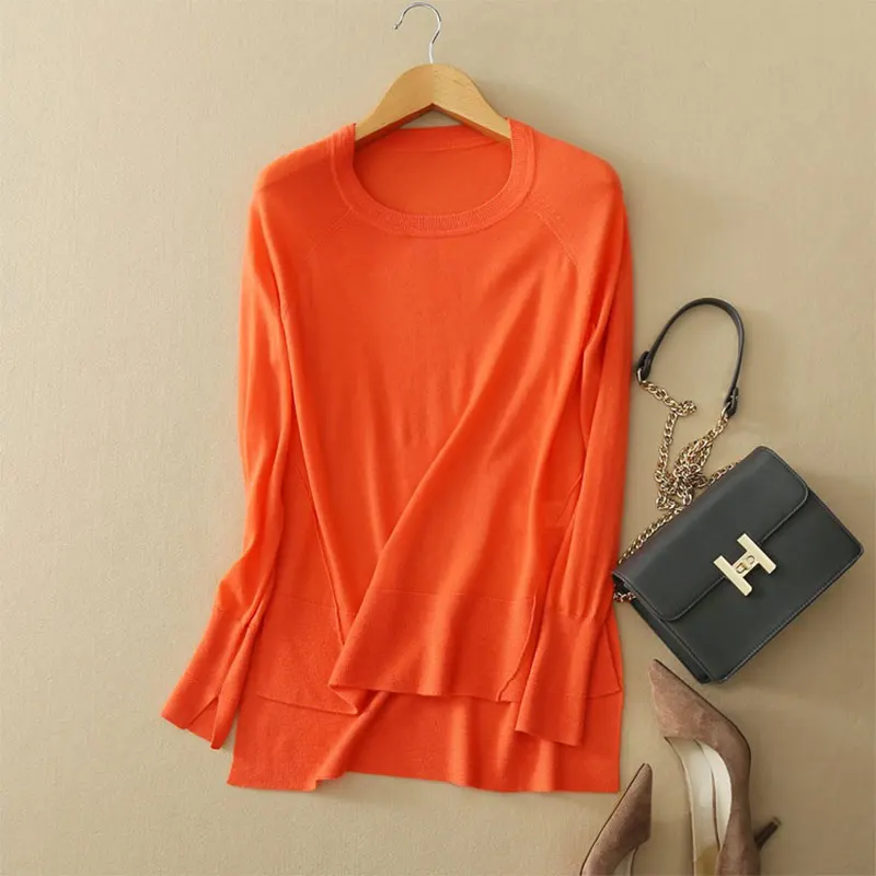 100% Pure Cashmere O Neck Orange Sweater Pullover Long Sleeve Female Spring/autumn Irregular Style Jumper Women |
