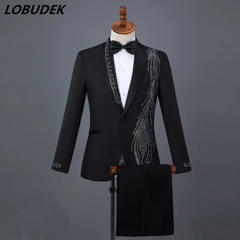 2018 Male Crystals slim Suits sets Flashing Diamond Blazers singer Chorus stage outfit Prom Compere master performance Costumes
