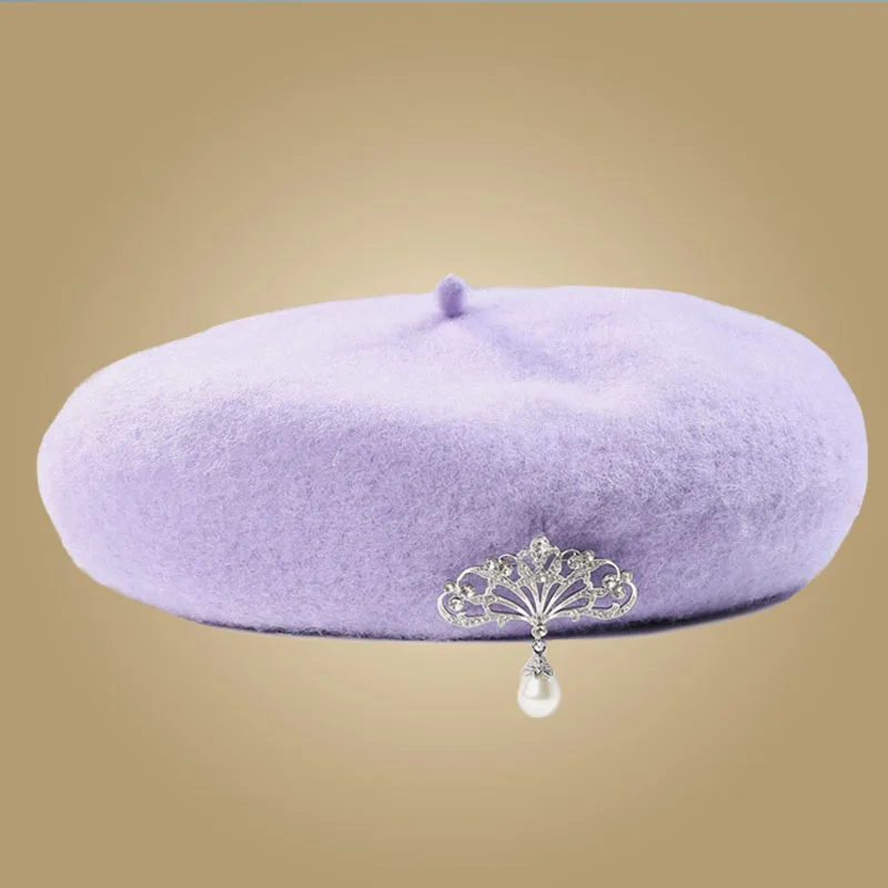 Light Purple Beret FS, новинка, элегантный красный берет, шапка для женщин, зимняя, винтажная, жемчуг, шерсть, вязанная шапочка, французские художники, шапки, Теплая Лыжная Шапка, Gorros Mujer - Цвет: Light Purple Beret
