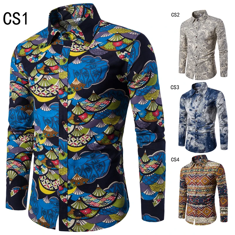 Мужская льняная рубашка с цветочным принтом повседневная приталенная длинным