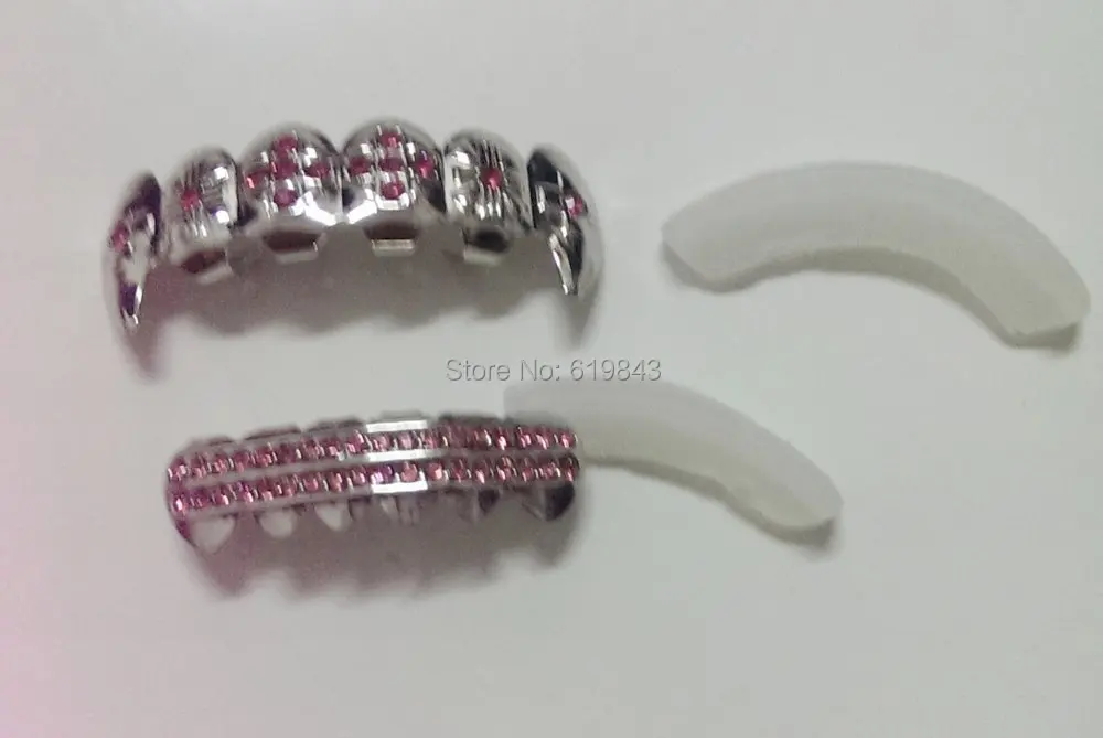 Grillz бренд розовое стекло Камни посеребренный вампир хип-хоп ЗУБЫ grillz Топ и нижние грилзы набор ювелирных изделий для тела