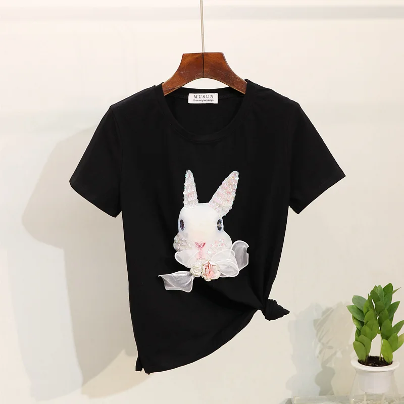 Летняя футболка женская модная хлопковая с коротким рукавом расшитая бисером и