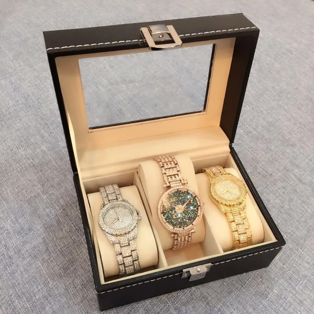 

Leather Watch Box Jewelry Watch Display Storage Organizer Box Container 3 Cell Leather Windowed Case watch box 3 cells hot sale