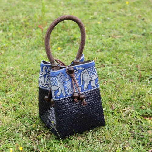 Dark Blue Винтажные национальные женские сумки бусины в стиле ретро из ротанга, соломенные сумки с принтом слона, дизайнерские ведро, женские летние пляжные мини-сумки - Цвет: Dark Blue