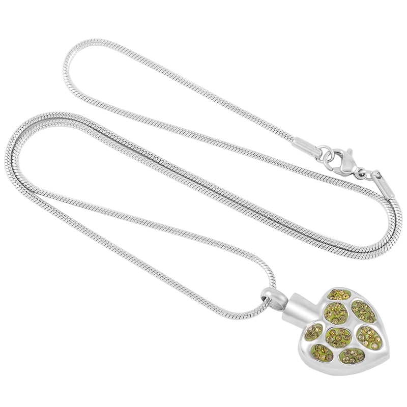 Ожерелье IJD9388 из нержавеющей стали с зеленым хрустальным сердцем для кремации