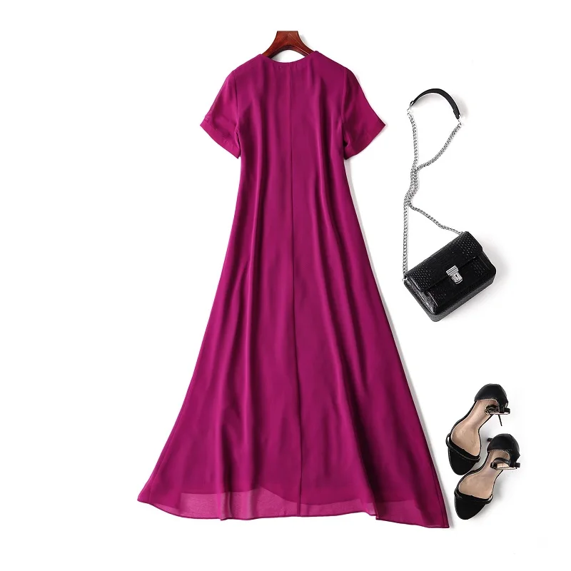 

One Piece Dress 2019 Spring Summer Brides Mother Women V-Neck Lurex Embroidery Short Sleeve Asymmetrical Purple Black Dress 4XL