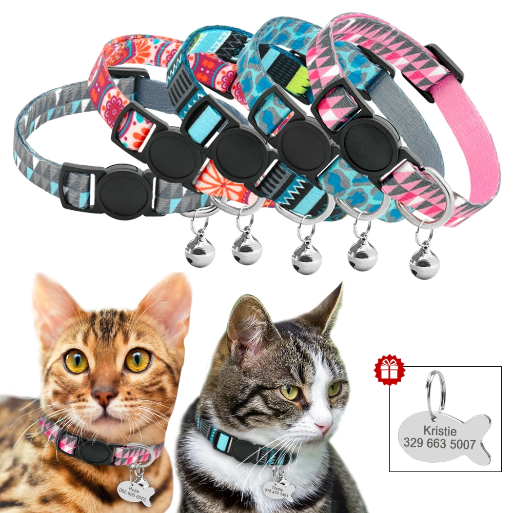 

Quick Release Cat Collar With Bell Personalized Kitten Collar Breakaway Cats Safety Necklace Free Engraved Fish ID Tag Nameplate