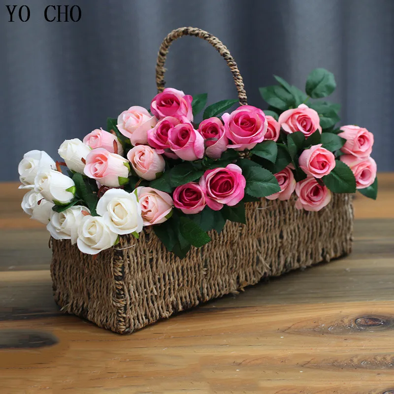 

YO CHO Roses Artificial Flowers Plants Home Decoration Silk Rose Flowers Bouquet With Green Leaves Vase Decor Wedding Fake Roses