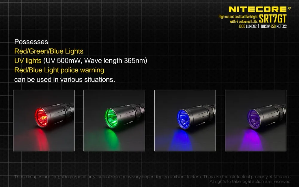 Набор фонарей NITECORE SRT7GT CREE XP-L HI V3 RGB УФ-Фонарик Макс 1000ЛМ дальность луча 450 м фонарь+ аккумулятор 18650+ зарядное устройство
