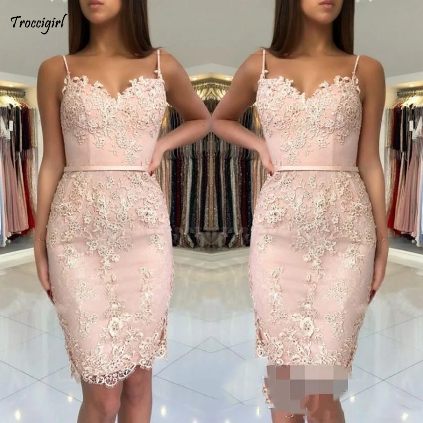 Pink Arabic Cocktail Dresses Spaghetti Srtaps Sash Lace Appliques Sleeveless Short Mini Knee Length Party Homecoming | Свадьбы и