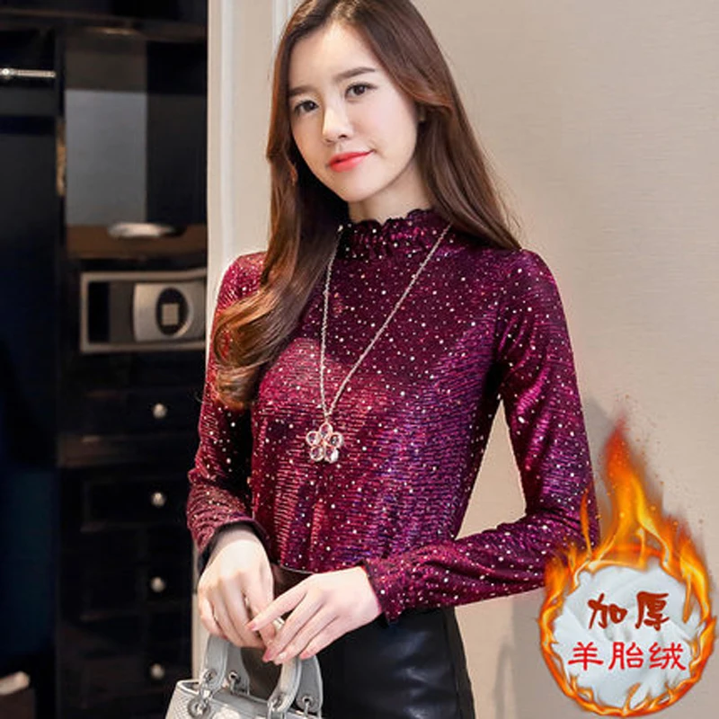 2017 Для женщин AutumnWinter футболка плюс бархат Большие размеры Длинные рукава стенд