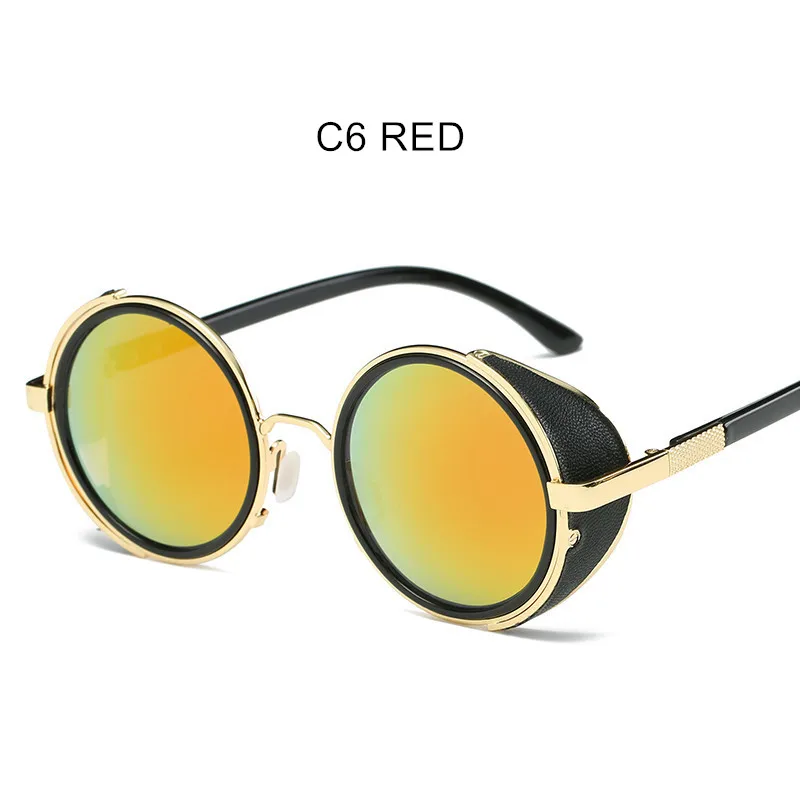C6 Red Мужские Круглые Солнцезащитные очки в стиле стимпанк, Женские винтажные металлические солнцезащитные очки в стиле панк, модные брендовые дизайнерские ретро очки, ветрозащитные очки - Цвет линз: C6 Red
