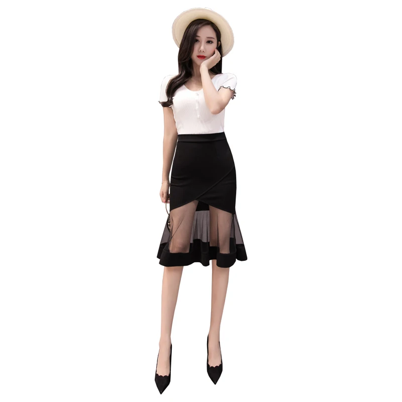

2019 New Summer Skirt Sexy Thin Bag Hip Skirt Stretch High Waist Fishtail Skirts Female Mesh Spliced Lady Skirts