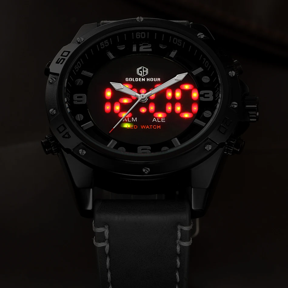 Мужские кварцевые часы Reloj Hombre GOLDENHOUR спортивные в стиле милитари с кожаным