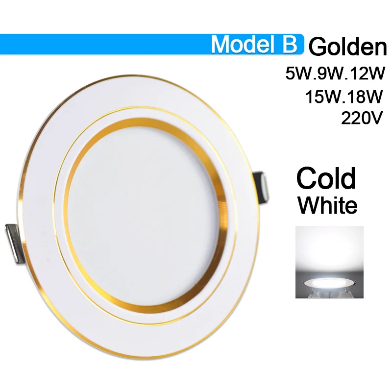 Model B Cold White Потолочный светильник 3 Вт 5 Вт 9 Вт 12 Вт 15 Вт 18 Вт точечный светодиодный светильник AC 220 В золотистый, серебристый, белый ультратонкий алюминиевый круглый встраиваемый Светодиодный точечный светильник - Испускаемый цвет: Model B Cold White