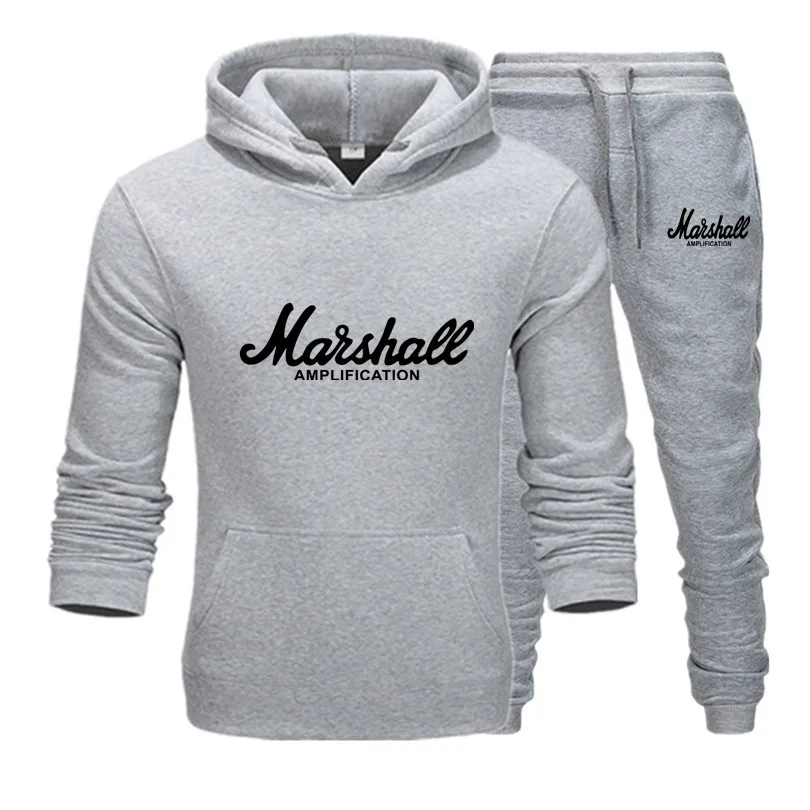 Горячий Marshall мужской костюм с капюшоном усиленная Мужская мода толстовки+ брюки Зима Осень Хип-хоп Брендовые мужские комплекты с капюшоном M-3XL - Цвет: gray219-221