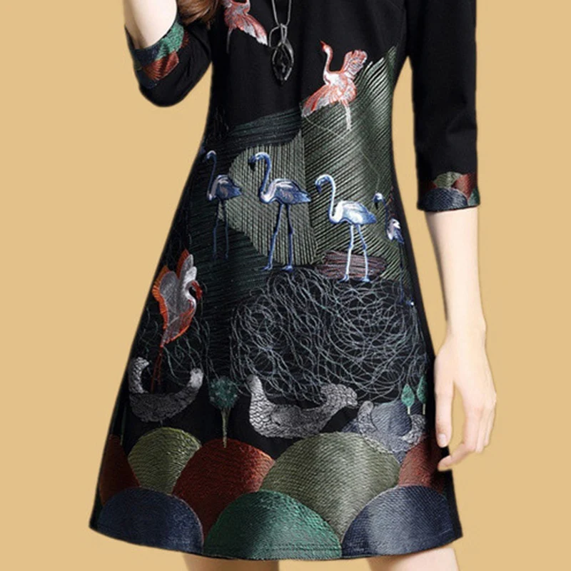 2019 Spring Summer New Women's Office Lady embroidered dress Fashion O-Neck Elegant Slim A word Mini LF1057 | Женская одежда