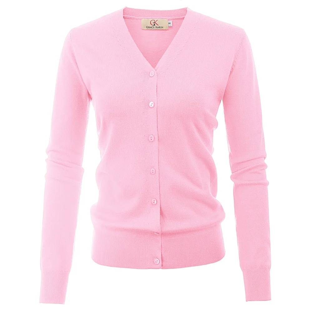 Light Pink Женское трикотажное пальто весна длинный рукав v-образный вырез пуговица планка винтажная элегантная однотонная тонкая дамская куртка вязаные пальто Топы - Цвет: Light Pink