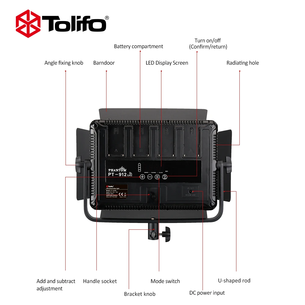 Tolifo PT 912B 912 шт. 55 Вт Двухцветная светодиодная лампа для видеосъемки с Barndoor и
