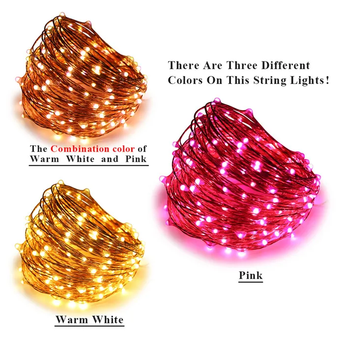 Warm White and Pink Двойной Цвет светодиодный гирлянды светодиодные лампочки с меняющимся цветом 100/200 светодиодный Медный провод декоративные гирлянды+ пульт дистанционного управления для Спальня, патио, сад, Xmas - Испускаемый цвет: Warm White and Pink