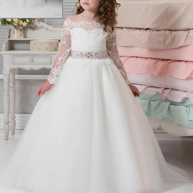 Элегантное белое платье с цветочным узором для девочек кружевными аппликациями