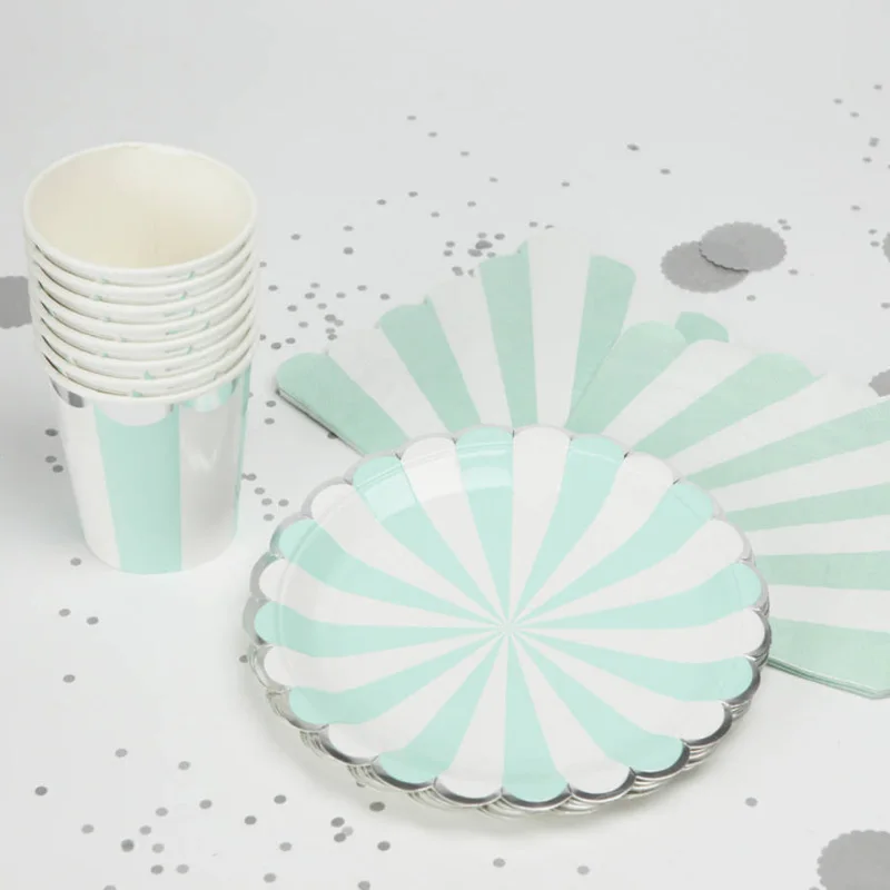 Gilding High-end Disposable Tableware Set Pink Green Striped Paper Plates Cups Napkins Party Wedding Carnival Supplies | Дом и сад