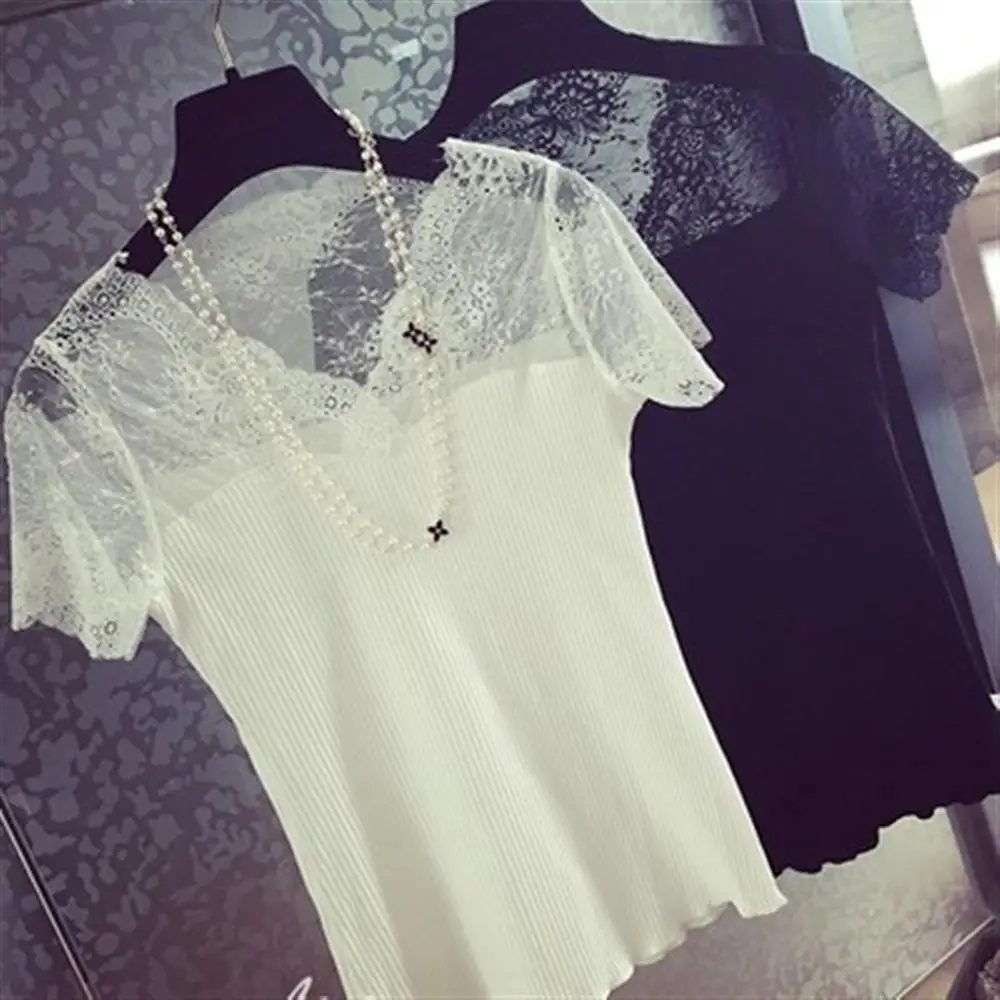 2018 spring and summer women's sexy lace shirt t Korean version of the small V-neck sweater | Женская одежда