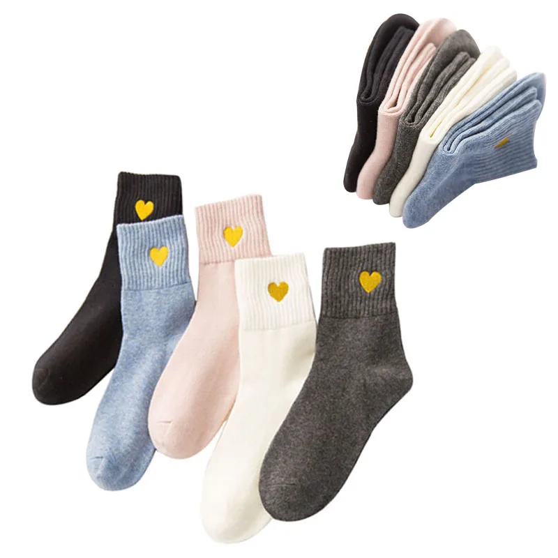 

5Pairs Women Sock 2021 Spring Autumn New Japanese Gold Line Love Heart Embroidery Woman Cotton Long Sock Girl Lady Art Sock Sox