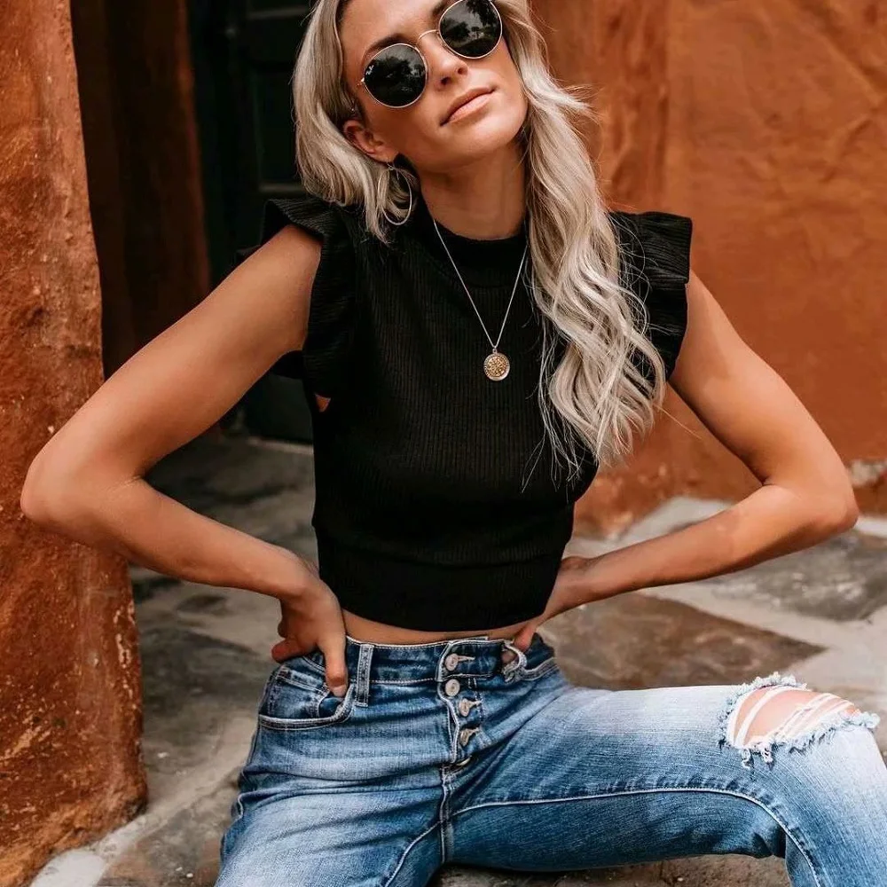 Fashion Black Ruffles Sleeveless Knit Top 2019 Women O-Neck Short Knitwear Casual Ladies Streetwear Feminine | Женская одежда