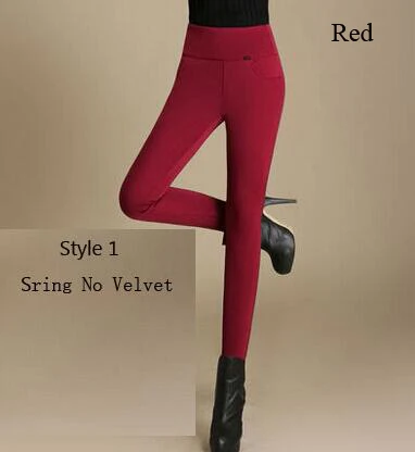 Red full length Тянущиеся женские брюки-карандаш с высокой талией, зимние, офисные женские бархатные рабочие брюки, красные, черные, синие Леггинсы размера плюс 6XL - Цвет: Red full length