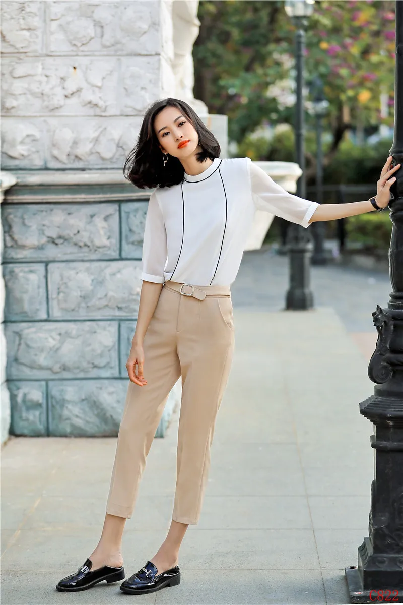 Модные женские белые блузки деловые костюмы комплект из 2 предметов с брюками и