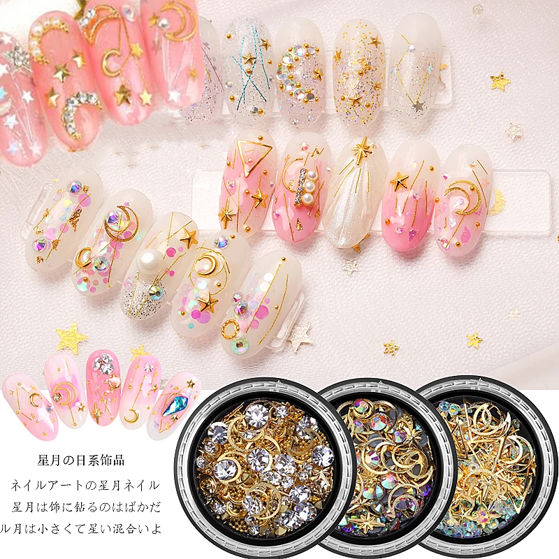 

1 Box Nail Art Decorations Gold Metal Studs Moon +Star Rivets Line Colorful Rhinestones DIY Nail Art Jewelry Accessories 9styles