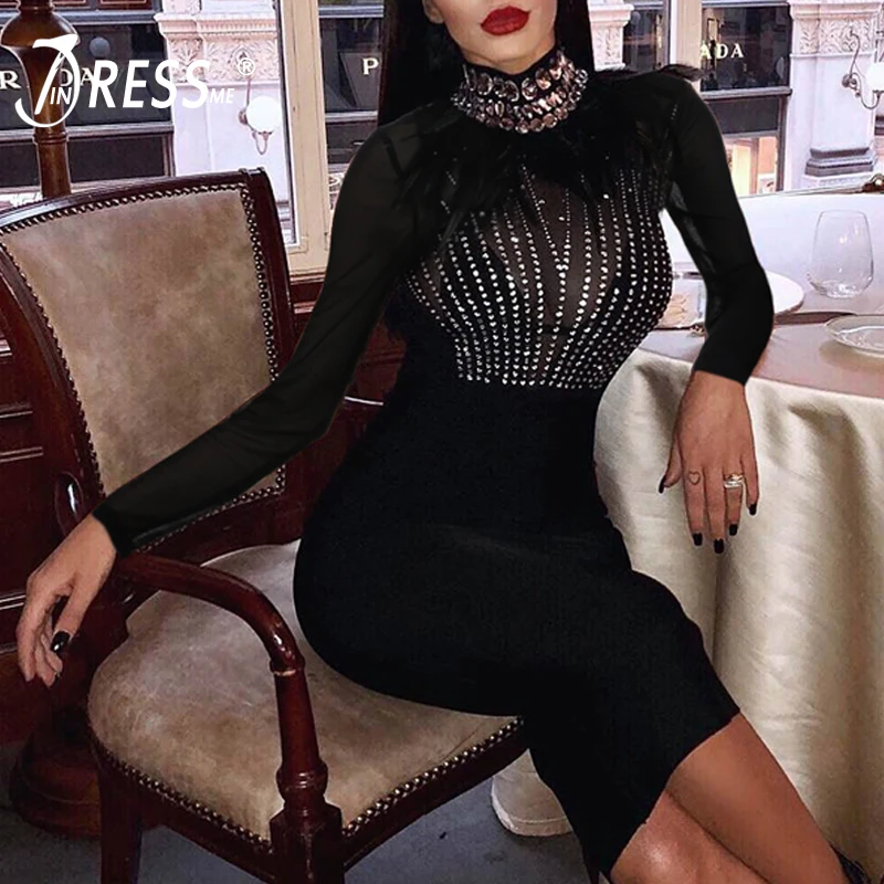 INDRESSME женское весеннее платье сексуальное с длинным рукавом перо Бисероплетение