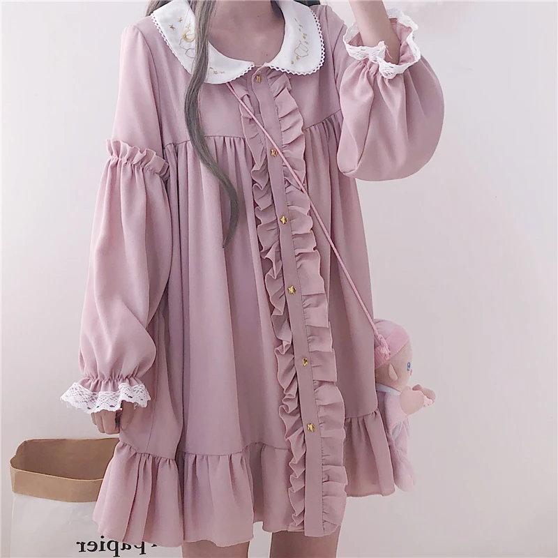 Женская одежда Kawaii японский стиль Вышивка Питер Пэн длинные кружевные