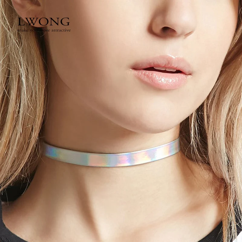 LWONG 1cm Width Thin Holographic Chokers Necklaces for Women Rainbow Iridescent Holo Hologram Choker Chocker PU Leather Necklace | Украшения