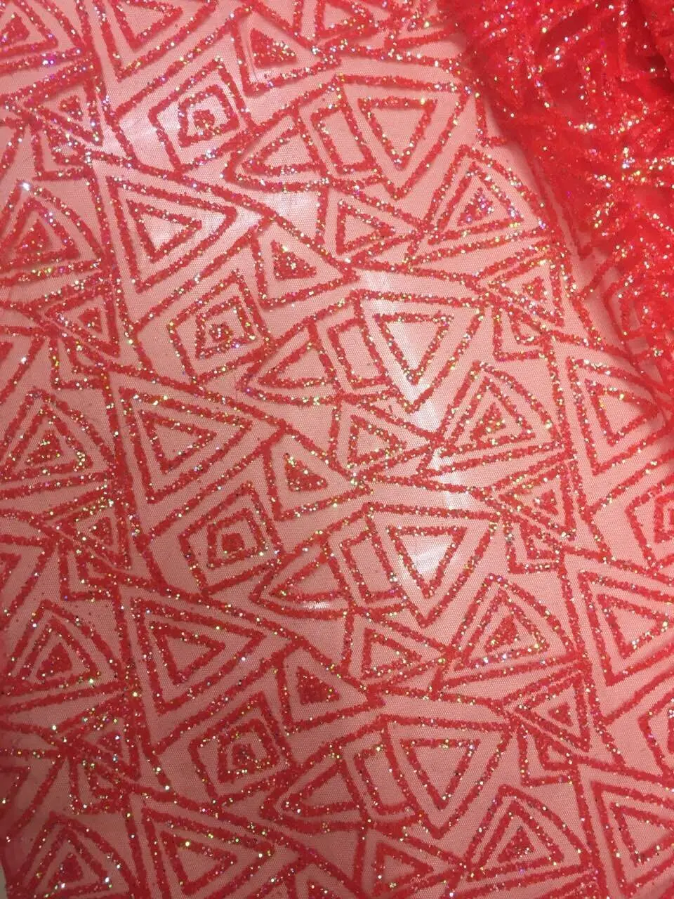 

Красный геометрический узор, ручная печать, блестящий Блестящий Африканский индийский сетчатый тюль, ткань для свадьбы/вечернего платья/Ве...