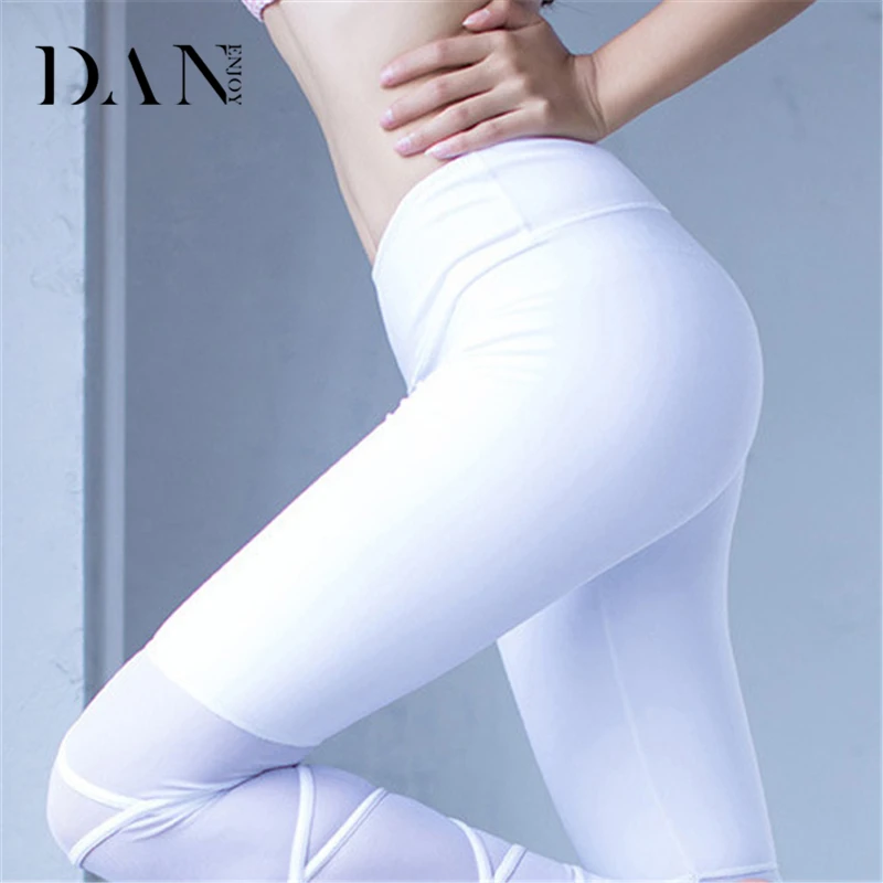 DANENJOY White Cross Fitness Athletic Leggings Black Strappy Mesh Patchwork Yoga Pants Sport Legging Nylon Dance Tights Workout | Спорт и