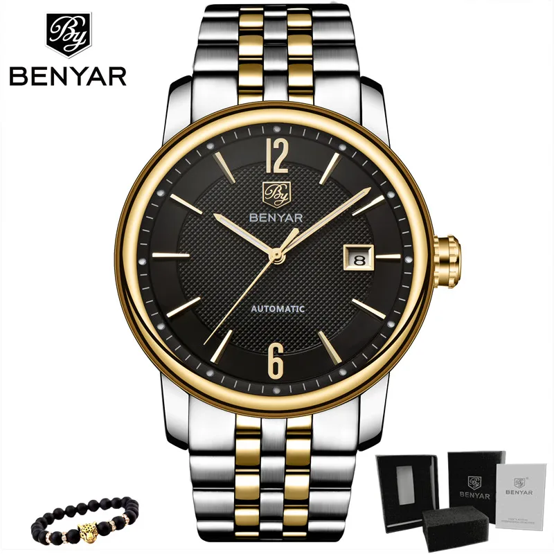 Steel-Gold black BENYAR Топ бренд класса люкс для мужчин s часы бизнес полный сталь Мода повседневное водонепроницаемый автоматические часы мужские часы Relogio Masculino - Цвет: Steel-Gold black