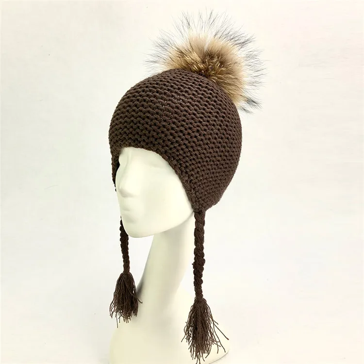 brown hat with pom Детская шапка с большим помпоном для малышей; зимняя теплая шапка с помпоном из лисьего меха; вязаная Лоскутная шапка с кисточками и ушками; Шапка-бини с помпоном - Цвет: brown hat with pom