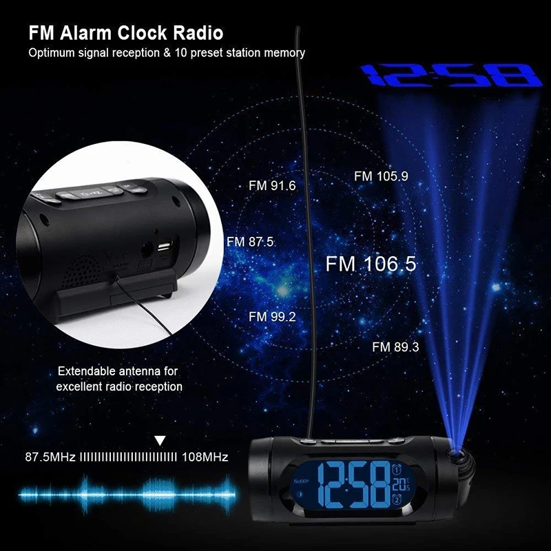 Nixie часы usb зарядка FM радио будильник светодиодный цифровой электронный настольный проектор часы с ночным светильник Повтор