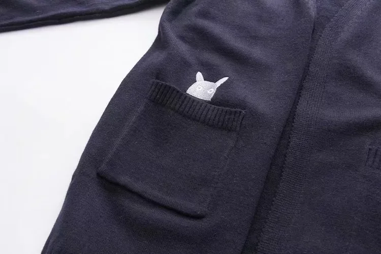 Cartoon Cat Embroidery On Pockets Long Sleeve Cardigans Casual Women Knitting Outwear 2018 Spring Autumn Knitwear |